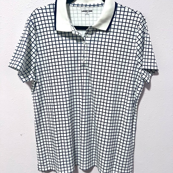 Lands' End Black and White Polo Shirt with Gingham Pattern LARGE - Picture 1 of 5
